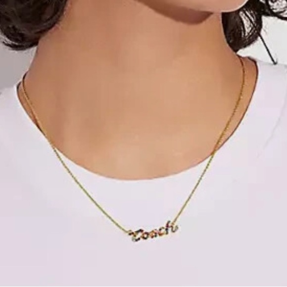 Coach Multicolor Rainbow Signature Script Gold Tone Glass Rhinestone Necklace - Picture 3 of 4